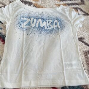 Zumba Fitness XS/S White Tee with Blue Splash Design Cosmic Fancy Top